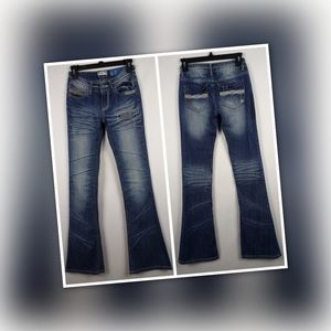 Indigo Reign 0 Low Rise Distressed Slim Flare Jeans